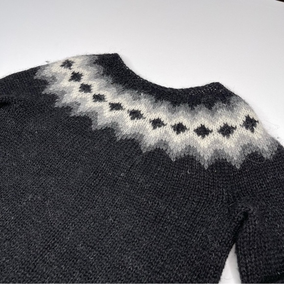 Fair Isle Cardigan Sweater Hand Knit Iceland Wool Black Grey Fisherman Apres Ski - Picture 8 of 15